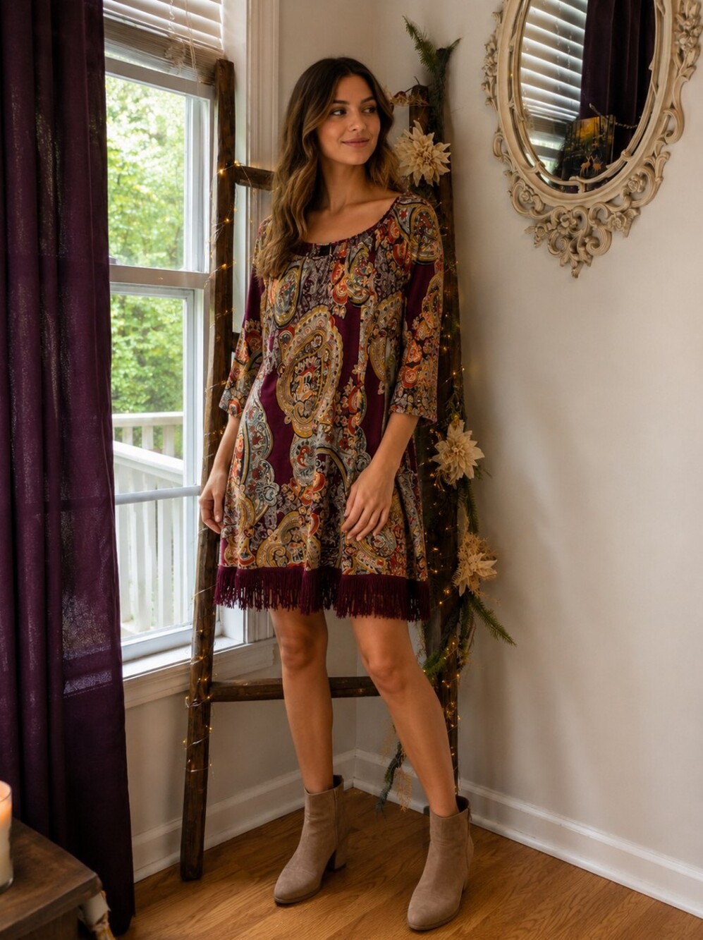 Boho Burgundy Floral Paisley Dress Fall Festival Western